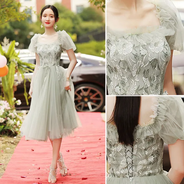 Chic / Beautiful Sage Green Lace Flower Bridesmaid Dresses 2022 A-Line / Princess Short Sleeve Backless Tea-length Bridesmaid Dresses