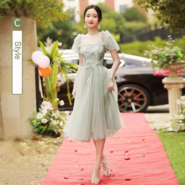 Chic / Beautiful Sage Green Lace Flower Bridesmaid Dresses 2022 A-Line / Princess Short Sleeve Backless Tea-length Bridesmaid Dresses