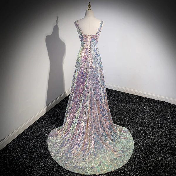 Glitzernden Laser Pailletten Ballkleider 2023 A Linie Eckiger Ausschnitt Ärmellos Rückenfreies Sweep / Pinsel Zug Ball Festliche Kleider