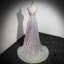 Glitzernden Laser Pailletten Ballkleider 2023 A Linie Eckiger Ausschnitt Ärmellos Rückenfreies Sweep / Pinsel Zug Ball Festliche Kleider