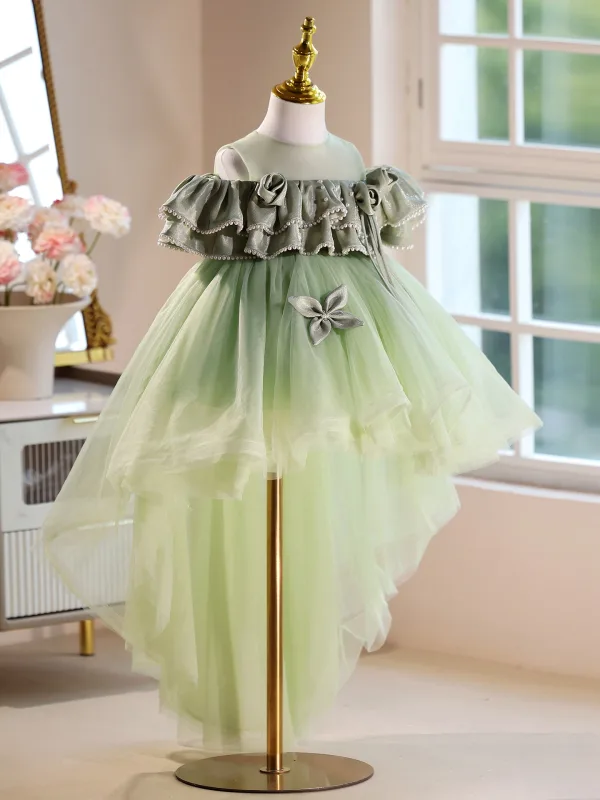 Chic / Belle Vert Cendré Perle Volants Asymétrique Anniversaire Robe Ceremonie Fille 2025 Robe Boule Encolure Dégagée Manches Courtes