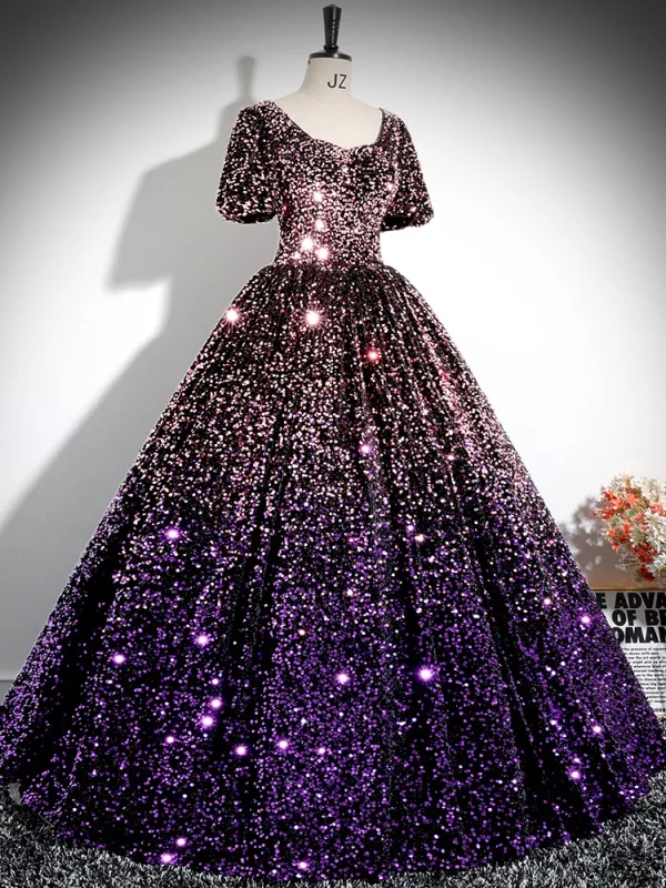 Scintillantes Multi-Couleurs Violet Paillettes Robe De Bal 2024 Robe Boule Encolure Carrée Manches Courtes Dos Nu Longue Promo Robe De Ceremonie