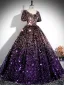 Scintillantes Multi-Couleurs Violet Paillettes Robe De Bal 2024 Robe Boule Encolure Carrée Manches Courtes Dos Nu Longue Promo Robe De Ceremonie