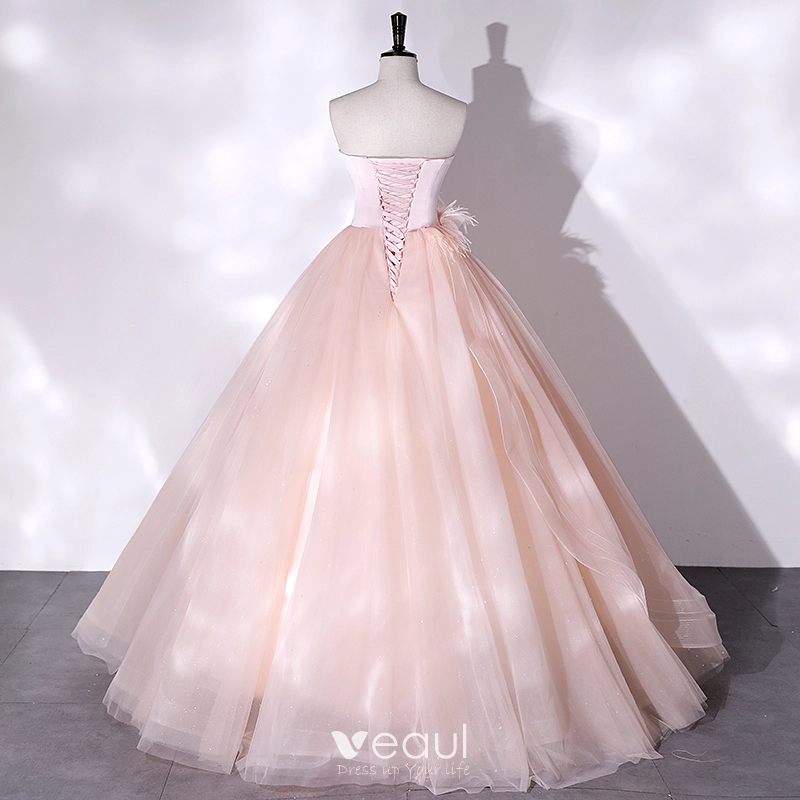 Chic / Beautiful Candy Pink Tassel Prom Dresses 2022 Ball Gown Strapless Sleeveless Backless Floor-Length / Long Formal Dresses