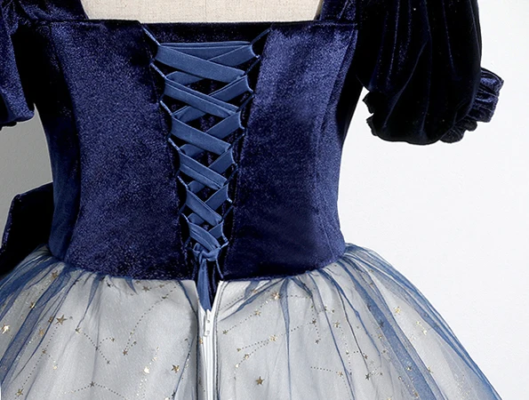 Élégant Bleu Marine Étoile Paillettes Noeud Robe De Bal 2024 Robe Boule Encolure Carrée Manches Courtes Dos Nu Longue Promo Robe De Ceremonie