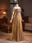 Charming Gold Sequins Prom Dresses 2026 A-Line / Princess Off-The-Shoulder Short Sleeve Backless Floor-Length / Long Prom Formal Dresses