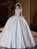 Vintage / Retro Ivory Beading Sequins Satin Wedding Dresses 2024 Ball Gown Square Neckline Long Sleeve Backless Bow Royal Train Wedding