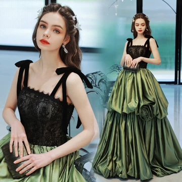 Fashion Clover Green Satin Ruffle Prom Dresses 2022 A Line Princess Spaghetti Straps Sleeveless Backless Lace Flower Floor Length Long Formal Dresses