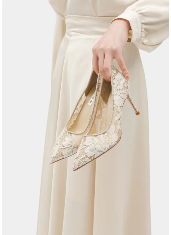 Elegant Ivory Leather Lace Wedding Shoes 2024 Wedding 6 cm Stiletto Heels Pointed Toe Pumps High Heels