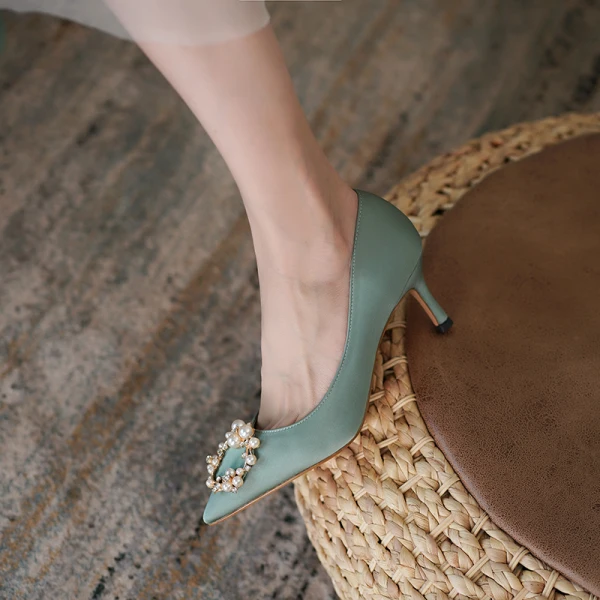 Chic / Belle Noire Promo Perle Faux Diamant Escarpins 2023 Satin 6 cm Talons Aiguilles À Bout Pointu Escarpins Talons Hauts
