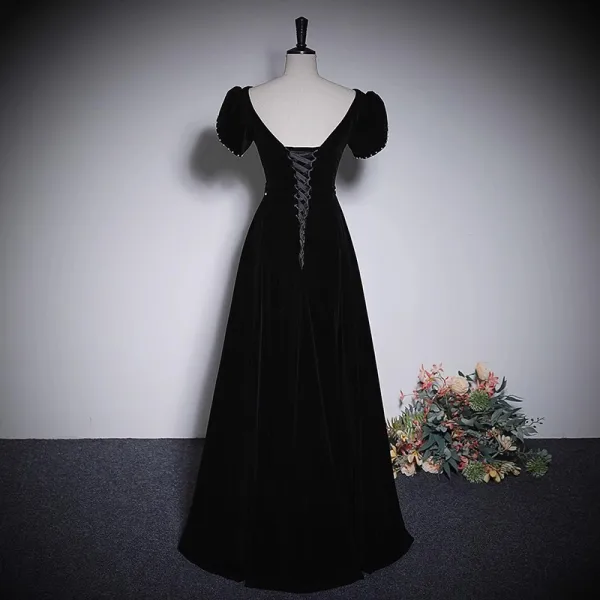 Elegant Black Velvet Prom Dresses 2023 A-Line / Princess Pearl Square Neckline Short Sleeve Backless Floor-Length / Long Prom Formal Dresses