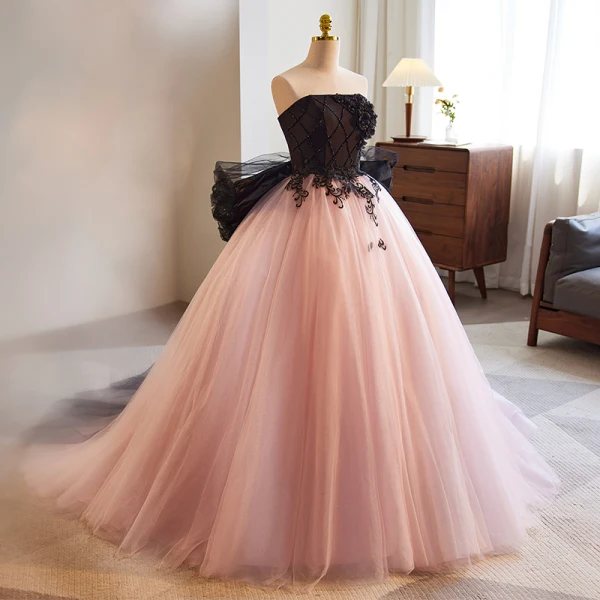 Chic / Beautiful Blushing Pink Beading Appliques Prom Dresses 2023 Ball Gown Strapless Sleeveless Backless Bow Floor-Length / Long Formal Dresses