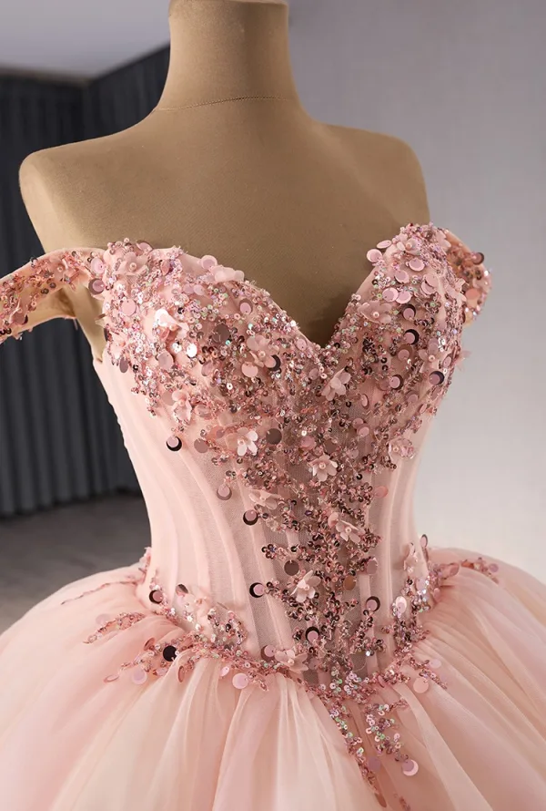 Luxury / Gorgeous Blushing Pink Beading Sequins Cascading Ruffles Prom Dresses Ball Gown 2024 Off-The-Shoulder Sleeveless Backless Chapel Train Prom Formal Dresses
