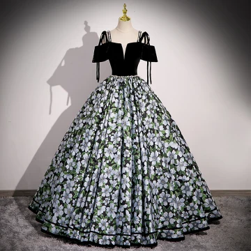 Schöne Schwarz Blumen Ballkleider 2023 Ballkleid Spaghettiträger Strass Kurze Ärmel Rückenfreies Lange Ball Festliche Kleider