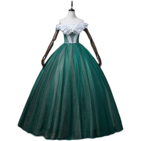 Elegant Dark Green Pearl Sequins Prom Dresses 2022 Ball Gown Off-The-Shoulder Short Sleeve Backless Floor-Length / Long Prom Formal Dresses
