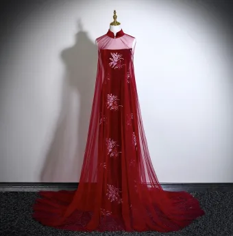 Style Chinois Bordeaux Paillettes Velours Robe De Soirée 2025 Robe Boule Col Haut Sans Manches Dos Nu Longue Robe De Ceremonie