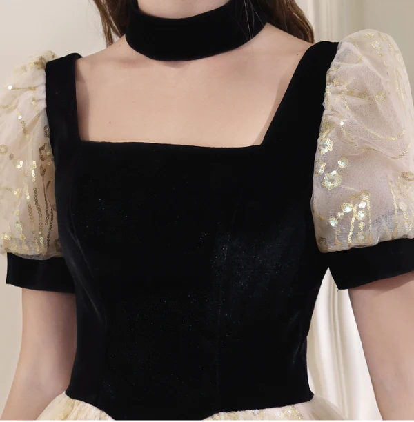 Bling Bling Black Sequins Prom Dresses 2024 A-Line / Princess Square Neckline Short Sleeve Backless Floor-Length / Long Prom Formal Dresses