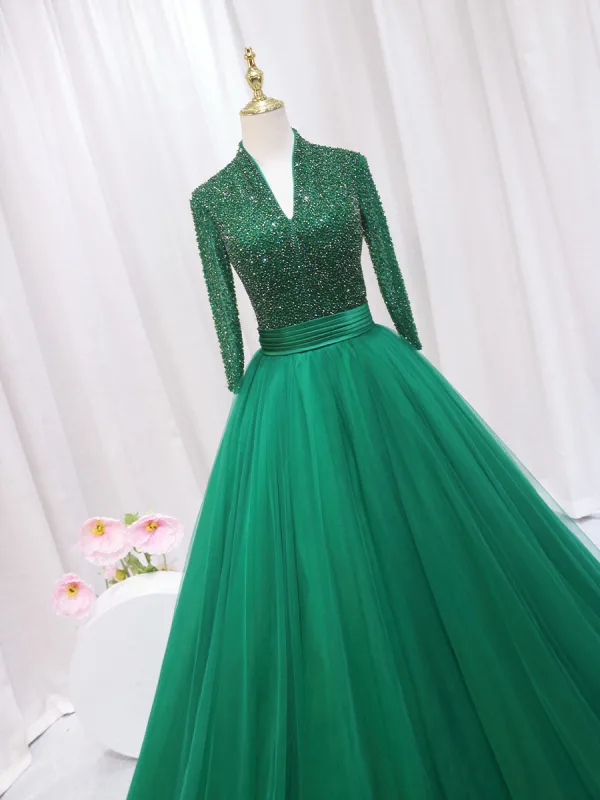 Vintage / Retro Purple Beading Sequins Prom Dresses 2024 Ball Gown High Neck Long Sleeve Backless Floor-Length / Long Prom Formal Dresses