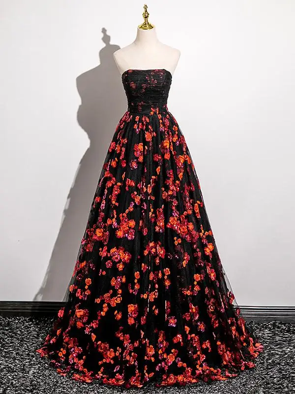 Elegant Black Sequins Prom Dresses 2025 Ball Gown Strapless Sleeveless Backless Floor-Length / Long Prom Formal Dresses