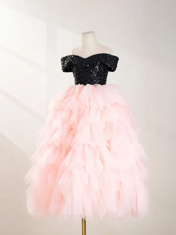 Bling Bling Rougissant Rose Perlage Paillettes Anniversaire Robe Ceremonie Fille 2024 Robe Boule De l'épaule Manches Courtes Dos Nu Noeud Longue Tulle