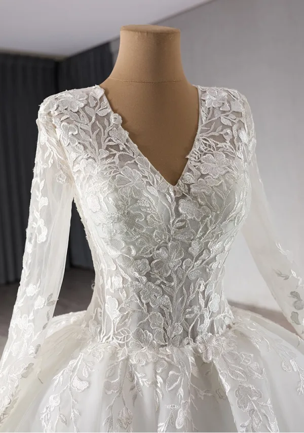 Elegant High-end White Lace Flower Wedding Dresses 2024 Ball Gown V-Neck Long Sleeve Chapel Train Wedding