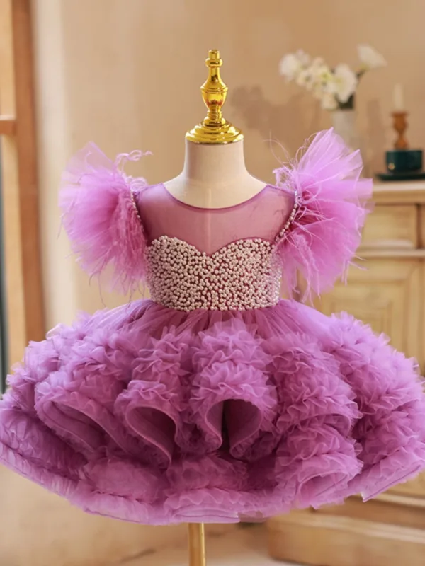 Chic / Beautiful Lilac Cascading Ruffles Pearl Birthday Flower Girl Dresses 2023 Ball Gown Scoop Neck Short Sleeve Backless Short