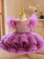 Chic / Beautiful Lilac Cascading Ruffles Pearl Birthday Flower Girl Dresses 2023 Ball Gown Scoop Neck Short Sleeve Backless Short