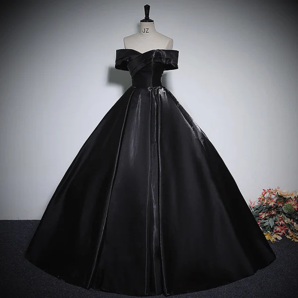 Elegante Schwarz Satin Ballkleider 2023 Ballkleid Off Shoulder Kurze Ärmel Rückenfreies Lange Festliche Kleider