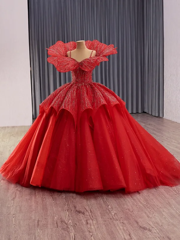 Luxury / Gorgeous Red Glitter Handmade  Beading Sequins Wedding Dresses 2025 Ball Gown Spaghetti Straps Short Sleeve Backless Chapel Train Wedding