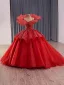 Luxury / Gorgeous Red Glitter Handmade  Beading Sequins Wedding Dresses 2025 Ball Gown Spaghetti Straps Short Sleeve Backless Chapel Train Wedding