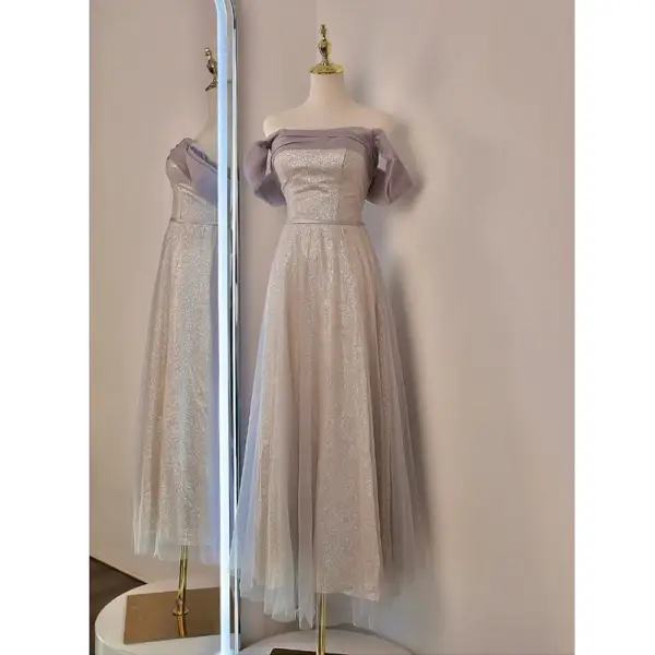 Simple Champagne Noeud Paillettes Robe Demoiselle D'honneur 2022 Princesse De l'épaule Manches Courtes Dos Nu Longue Robe Demoiselle D'honneur