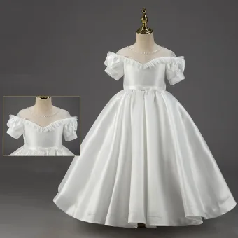 Élégant Ivoire Satin Mariage Robe Ceremonie Fille 2022 Robe Boule Encolure Dégagée Manches Courtes En Dentelle Fleur Ceinture Noeud Longue Robe Ceremonie Fille