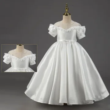 Élégant Ivoire Satin Mariage Robe Ceremonie Fille 2022 Robe Boule Encolure Dégagée Manches Courtes En Dentelle Fleur Ceinture Noeud Longue Robe Ceremonie Fille