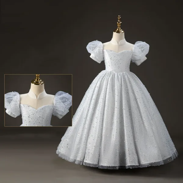 Chic / Beautiful Grey Pearl Rhinestone Prom Flower Girl Dresses 2022 Ball Gown High Neck Puffy Short Sleeve Backless Floor-Length / Long Flower Girl Dresses