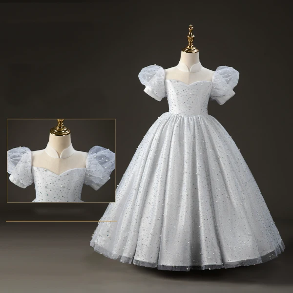 Elegant White Pearl Rhinestone Birthday Flower Girl Dresses 2022 Ball Gown High Neck Puffy Short Sleeve Backless Floor-Length / Long Flower Girl Dresses