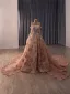 Luxus / Herrlich Glitzernden Rosa Handgefertigt Perlenstickerei Applikationen Pailletten Abendkleider 2026 A Linie Off Shoulder Lange Ärmel Rückenfreies Sweep / Pinsel Zug Abend