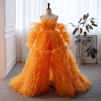 Mode Orange Plissée Robe De Bal 2023 Princesse Bustier Sans Manches Dos Nu Train De Balayage Promo Robe De Ceremonie