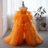 Fashion Orange Pleated Prom Dresses 2023 A-Line / Princess Strapless Sleeveless Backless Sweep Train Prom Formal Dresses