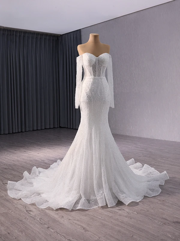 Haut de Gamme Blanche Fait main Perlage Paillettes Robe De Mariée 2024 Trompette / Sirène De l'épaule Manches Longues Dos Nu Tribunal Train Mariage