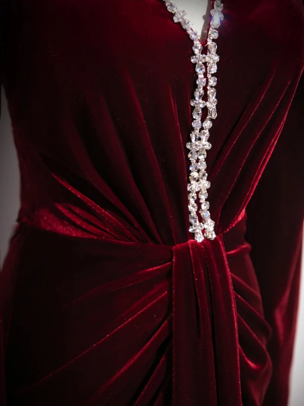 Vintage / Retro Burgundy Beading Velvet Evening Dresses 2024 Trumpet / Mermaid V-Neck Long Sleeve Backless Floor-Length / Long Evening Party Formal Dresses
