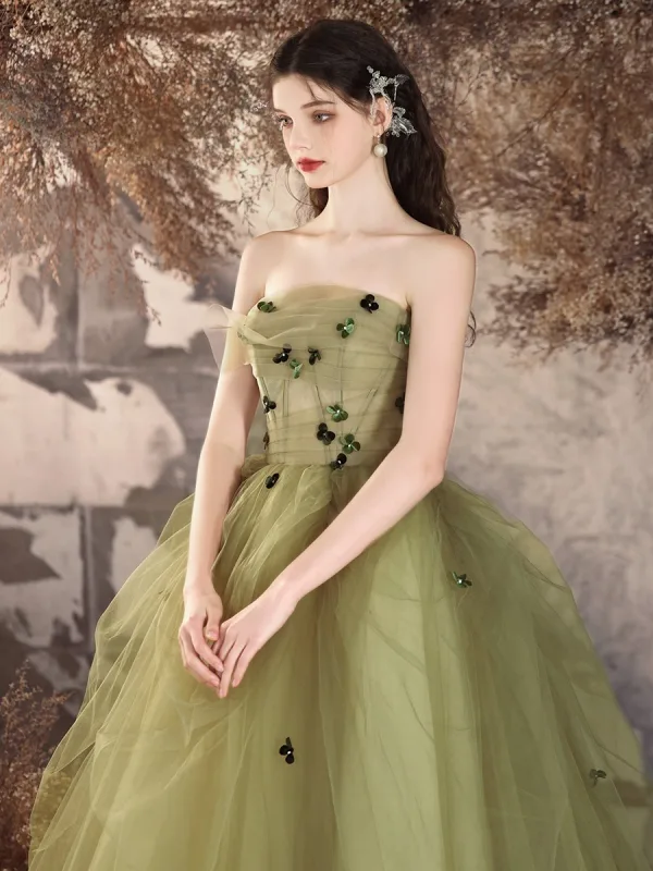 Élégant Vert Cendré Appliques Robe De Bal 2024 Robe Boule Bustier Sans Manches Dos Nu Longue Robe De Ceremonie