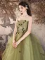 Élégant Vert Cendré Appliques Robe De Bal 2024 Robe Boule Bustier Sans Manches Dos Nu Longue Robe De Ceremonie