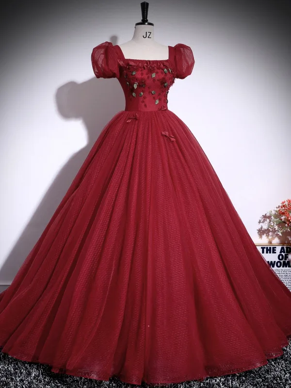 Modest / Simple Burgundy Appliques Prom Dresses 2025 Ball Gown Square Neckline Puffy Short Sleeve Backless Floor-Length / Long Formal Dresses