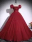Modest / Simple Burgundy Appliques Prom Dresses 2025 Ball Gown Square Neckline Puffy Short Sleeve Backless Floor-Length / Long Formal Dresses