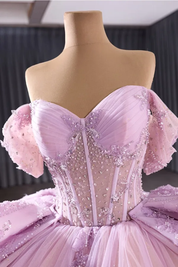 Haut de Gamme Charmant Rougissant Rose Perlage Perle Paillettes Robe De Bal 2025 Robe Boule De l'épaule Manches Courtes Dos Nu Noeud Chapel Train Promo