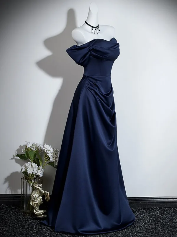 Vintage / Retro Navy Blue Prom Dresses 2026 A-Line / Princess  Off-The-Shoulder Short Sleeve Backless