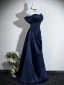 Vintage / Retro Navy Blue Prom Dresses 2026 A-Line / Princess Off-The-Shoulder Short Sleeve Backless Floor-Length / Long Formal Dresses