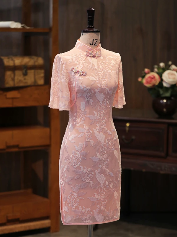 Chic / Beautiful Blushing Pink Lace Flower Silk Evening Party Cheongsam 2024 Trumpet / Mermaid High Neck Short Sleeve Tea-length