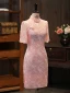 Chic / Beautiful Blushing Pink Lace Flower Silk Evening Party Cheongsam 2024 Trumpet / Mermaid High Neck Short Sleeve Tea-length