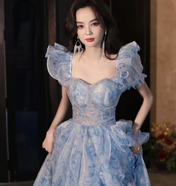 Fashion Sky Blue Printing Prom Dresses 2024 A-Line / Princess Square Neckline Short Sleeve Backless Floor-Length / Long Prom Formal Dresses